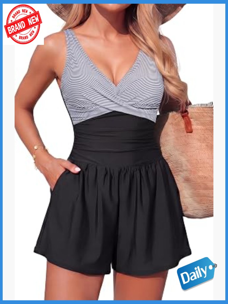 Women's One Piece Swim Romper Tummy Control V-Neck With Shorts Pocket